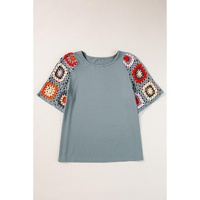 Medium Grey Floral Crochet Short Sleeve Top - M