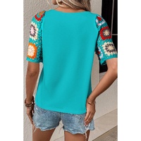 Turquoise Floral Crochet Short Sleeve Top - S