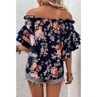 Blue Ruffle Off Shoulder Flounce Sleeve Floral Blouse - M