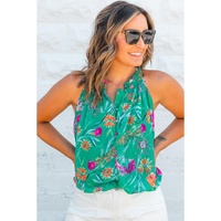 Bright Green Floral Print Buttoned Neckline Tank Top - XL