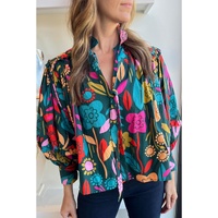 Green Floral Knot Split Neck Puff Sleeve Blouse - L