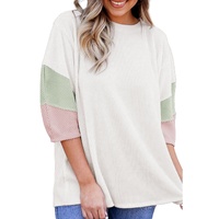 White Color Block Ribbed Knit Quarter Sleeve Top - L