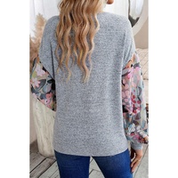 Gray Floral Lantern Sleeve Patchwork Buttoned V Neck Top - S