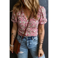 Pink Floral Short Puff Sleeve V Neck Ruched Blouse - L