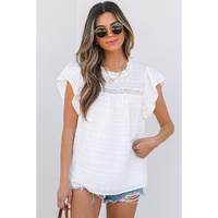 White Lace Neckline Flutter Sleeve Eyelets Blouse - S