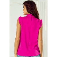 Bright Pink Pleated Mock Neck Frilled Trim Sleeveless Top - L