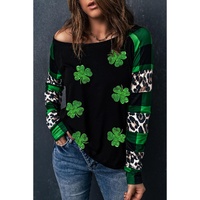 Green Sequin Clover Patch Graphic Plaid&amp;Leopard Sleeve Top - S