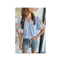 Beau Blue Floral Embroidered Puff Sleeve Split Neck Blouse - L