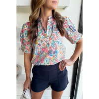 Pink Floral Print Button Split Neck Puff Sleeve Blouse - 2XL
