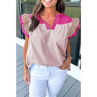 Pink Colorblock Ruffled Sleeve Frill V Neck Blouse - M