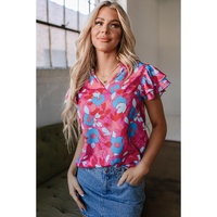 Rose Red Ruffled Sleeve Floral Blouse - L