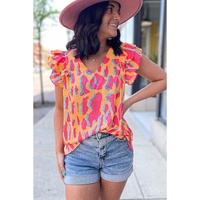 Orange Abstract Print V Neck Ruffled Sleeve Blouse - L