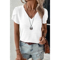 White Solid Color Textured V Neck Short Sleeve Top - S