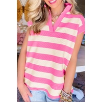 Pink Stripe V Neck Collared Cap Sleeve Top - L