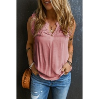 Pink Button Split Neck Ruffled Trim Tank Top - XL
