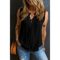 Black Button Split Neck Ruffled Trim Tank Top - S