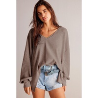 Coffee Waffle V Neck Long Sleeve Drop Shoulder Loose Blouse - 2XL