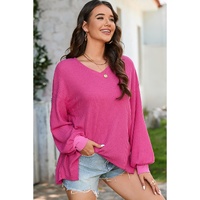 Bright Pink Waffle V Neck Long Sleeve Drop Shoulder Loose Blouse - L