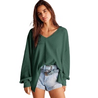 Blackish Green Waffle V Neck Long Sleeve Drop Shoulder Loose Blouse - M