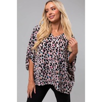 Pink Multicolor Leopard Print V Neck Oversized Blouse - L