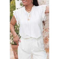 White Embroidered Ruffle Trim Textured Blouse - L