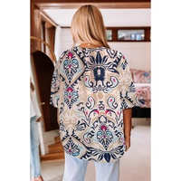White Abstract Printed Notched V Neck Split Half Sleeve Blouse - L