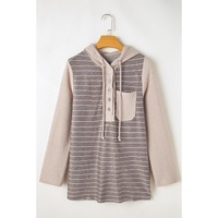 Gray Textured Knit Colorblock Striped Henley Hooded Top - S