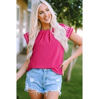Sachet Pink Floral Embroidered Flutter Sleeve Pleated Neck Blouse - M