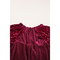 Red Dahlia Sequin Patchwork Sleeve Button Up Velvet Top - L