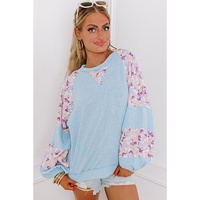 Beau Blue Textured Floral Patchwork Balloon Sleeve Blouse - L