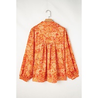 Orange Abstract Print Collared V Neck Babydoll Blouse - M