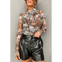 Brown Floral Long Sleeve High Neck Sheath Mesh Blouse - M