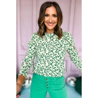 Blackish Green Leopard Print Mock Neck Puff Sleeve Top - L