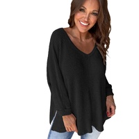 Black Waffle Knit Side Slits Loose Fit V Neck Top - M