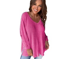 Rose Red Waffle Knit Side Slits Loose Fit V Neck Top - S