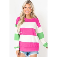 Rose Red Colorblock Striped Drop Shoulder Long Sleeve Top - XL