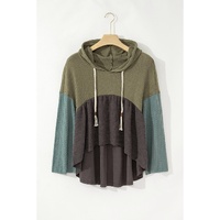 Laurel Green Mixed Textured Colorblock Patchwork Wide Sleeve Frayed High Low Hooded Top - L