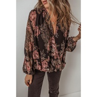 Black Floral Print Criss Cross V Neck Balloon Sleeve Blouse - L