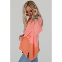 Grapefruit Orange Contrast Color Patchwork Oversized Side Split Top - L