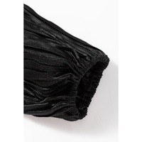 Black Textured Bubble Sleeve V Neck Loose Blouse - S