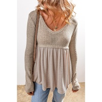 Smoke Gray Textured Long Sleeve V Neck Babydoll Top - S