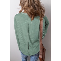 Smoke Green Acid Wash Waffle Knit Buttoned Neckline Long Sleeve Top - L