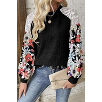 Black Floral Patchwork Long Sleeve Ribbed Blouse - 2XL