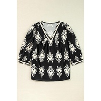Black Vintage Geometric Printed 3/4 Sleeve V Neck Blouse - M