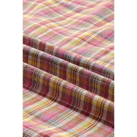 Pink Colorblock Plaid Patchwork Henley Blouse - L