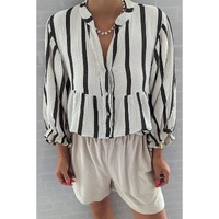 Black Stripe Crinckled Ruffled Sleeve Button up Loose Shirt - XL