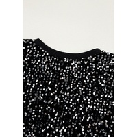 Black Sequined Long Sleeve Crew Neck Cropped Blouse - S