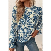 Sky Blue Floral Print Flounce Sleeve Keyhole Back Blouse - S