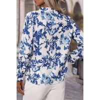 Sky Blue Floral Print Notched Neck Elegant Blouse - L