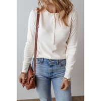 White Solid Color Waffle Half Button Long Sleeve Top - L